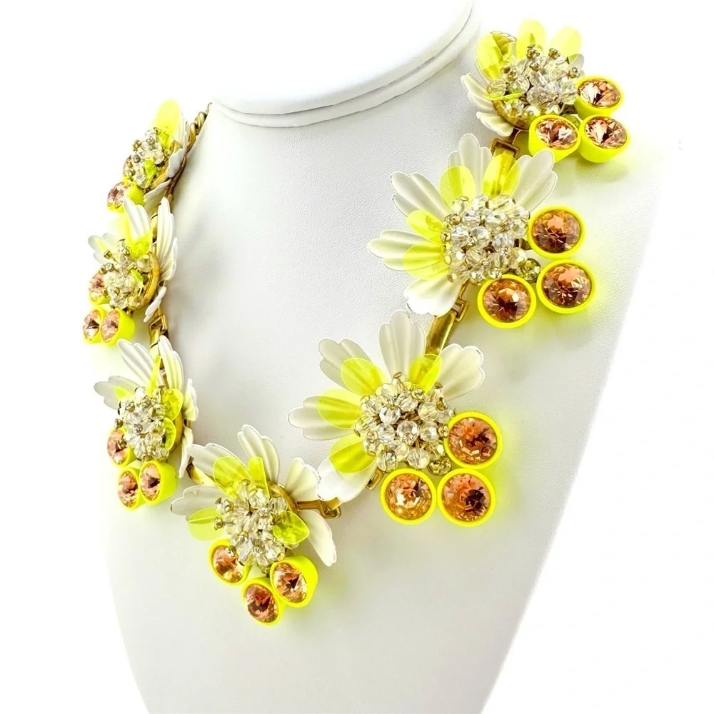 J. Crew RARE Brulee Yellow White Enamel Flower Petal Statement Necklace